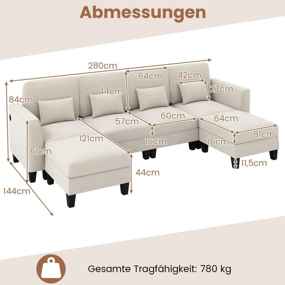 280 cm Ecksofa mit 2 Ottomane U-förmiges modulares Sofa mit USB- & Type-C-Ladeanschlüssen 4-Sitzer Sofa-Set Beige