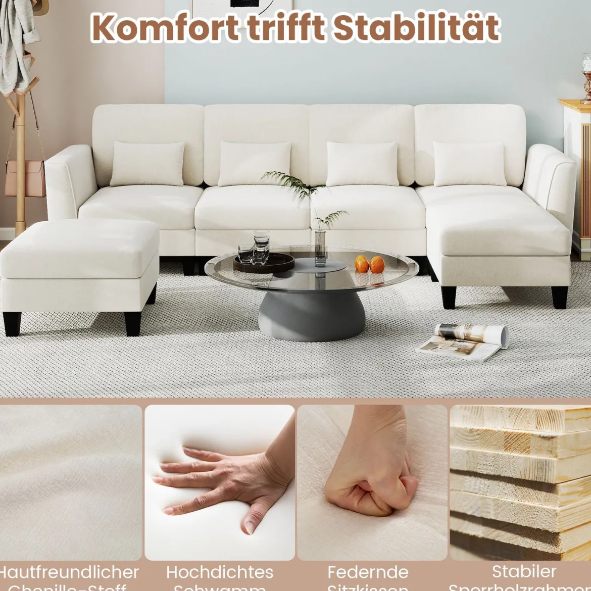 280 cm Ecksofa mit 2 Ottomane U-förmiges modulares Sofa mit USB- & Type-C-Ladeanschlüssen 4-Sitzer Sofa-Set Beige