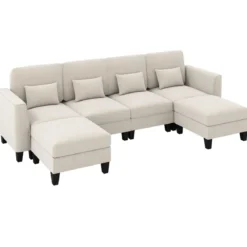 280 cm Ecksofa mit 2 Ottomane U-förmiges modulares Sofa mit USB- & Type-C-Ladeanschlüssen 4-Sitzer Sofa-Set Beige