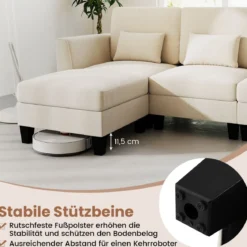 280 cm Ecksofa mit 2 Ottomane U-förmiges modulares Sofa mit USB- & Type-C-Ladeanschlüssen 4-Sitzer Sofa-Set Beige