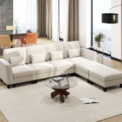 280 cm Ecksofa mit 2 Ottomane U-förmiges modulares Sofa mit USB- & Type-C-Ladeanschlüssen 4-Sitzer Sofa-Set Beige