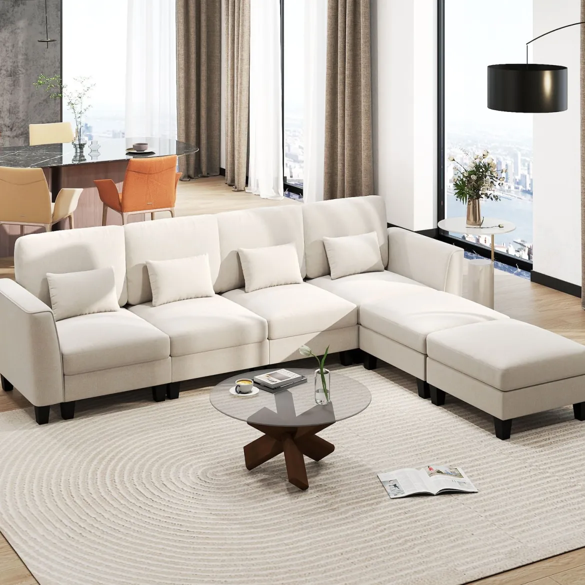 280 cm Ecksofa mit 2 Ottomane U-förmiges modulares Sofa mit USB- & Type-C-Ladeanschlüssen 4-Sitzer Sofa-Set Beige