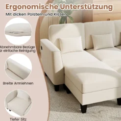 280 cm Ecksofa mit 2 Ottomane U-förmiges modulares Sofa mit USB- & Type-C-Ladeanschlüssen 4-Sitzer Sofa-Set Beige
