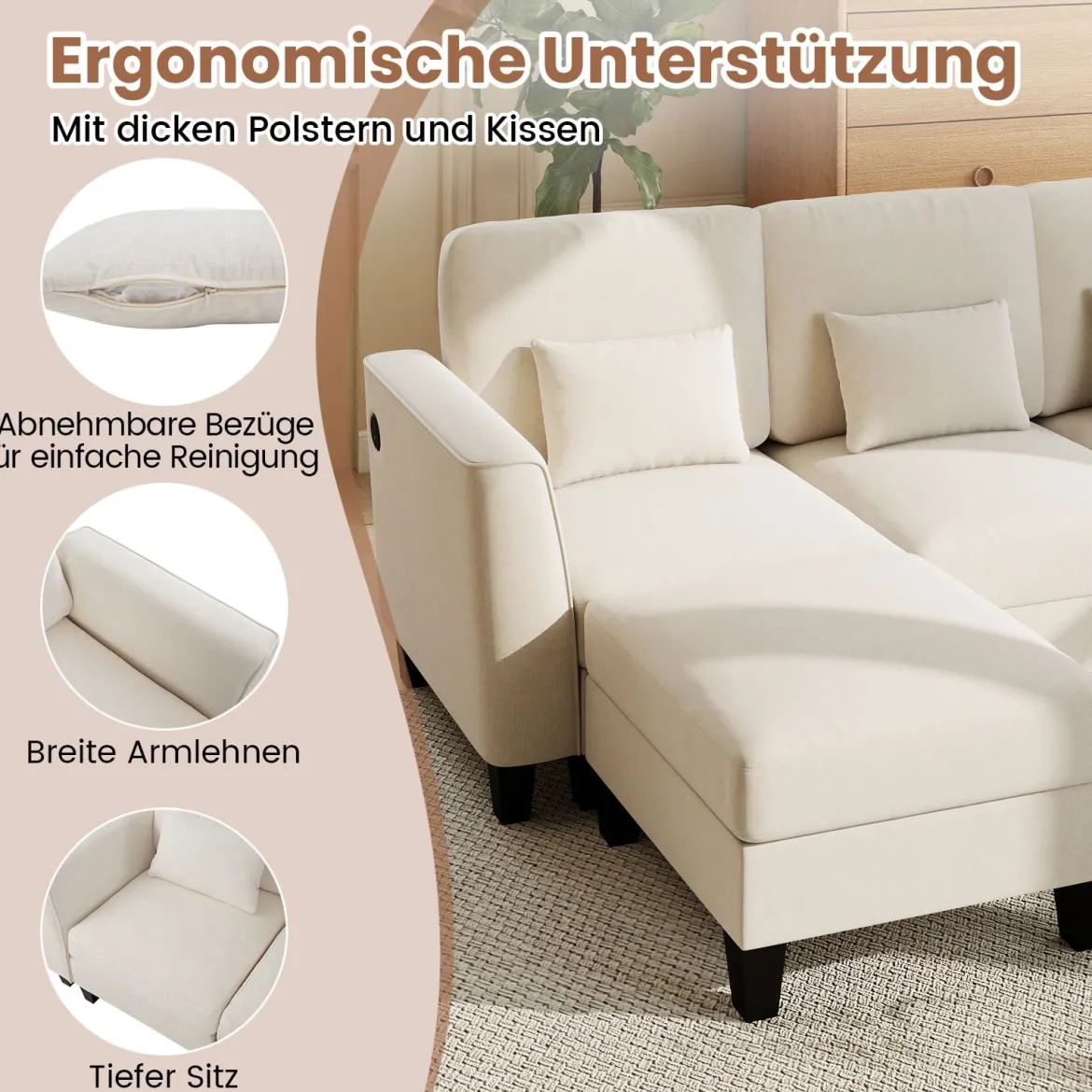 280 cm Ecksofa mit 2 Ottomane U-förmiges modulares Sofa mit USB- & Type-C-Ladeanschlüssen 4-Sitzer Sofa-Set Beige