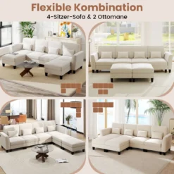 280 cm Ecksofa mit 2 Ottomane U-förmiges modulares Sofa mit USB- & Type-C-Ladeanschlüssen 4-Sitzer Sofa-Set Beige