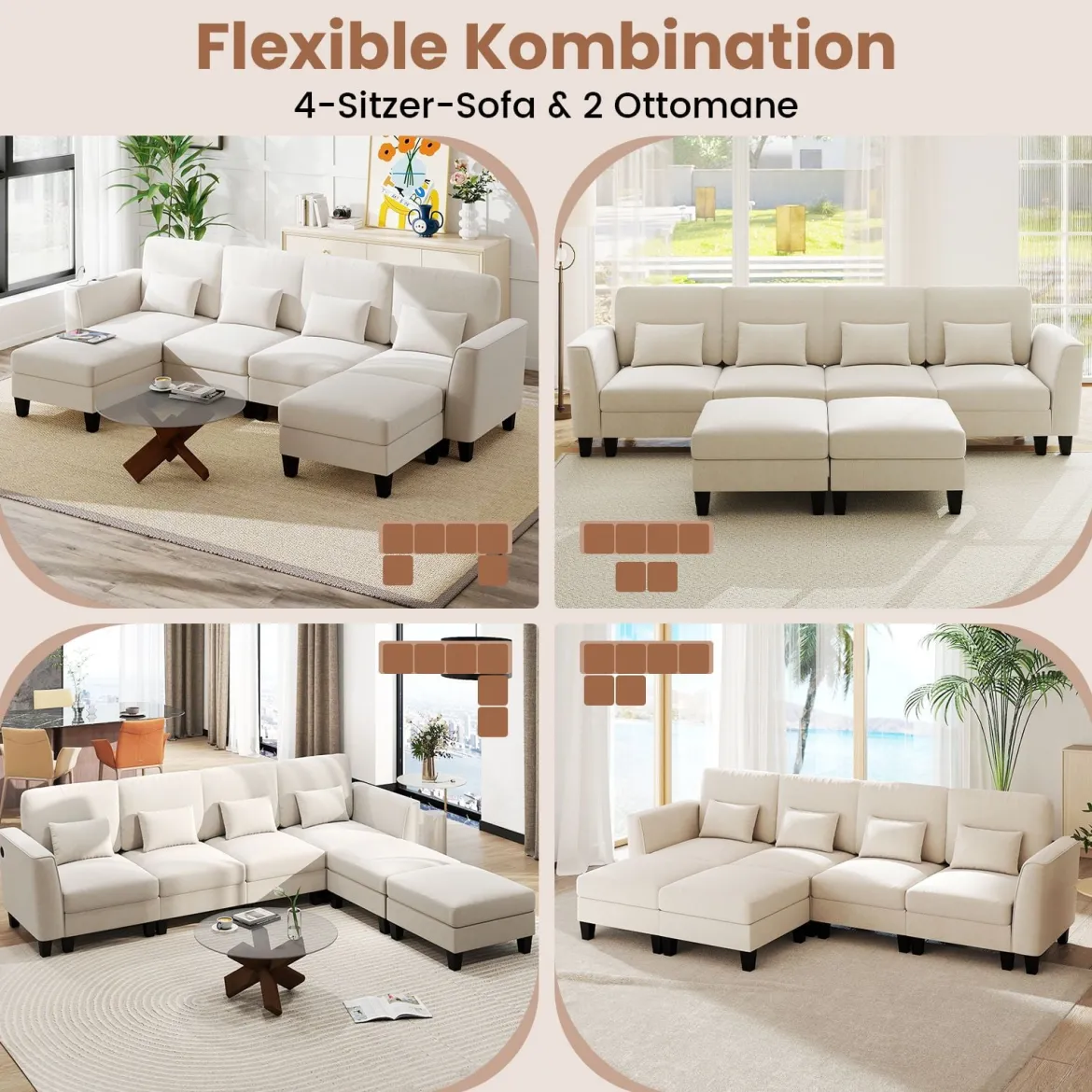 280 cm Ecksofa mit 2 Ottomane U-förmiges modulares Sofa mit USB- & Type-C-Ladeanschlüssen 4-Sitzer Sofa-Set Beige