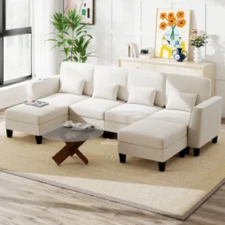 280 cm Ecksofa mit 2 Ottomane U-förmiges modulares Sofa mit USB- & Type-C-Ladeanschlüssen 4-Sitzer Sofa-Set Beige