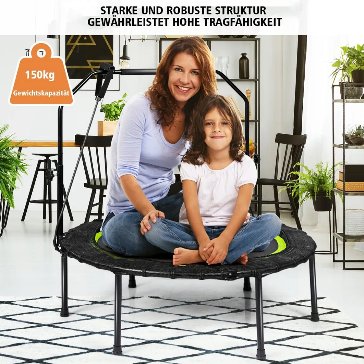 Ø102 cm Faltbares Fitness Trampolin Minitrampolin 109 - 129 cm Höhenverstellbar Schwarz + Grün
