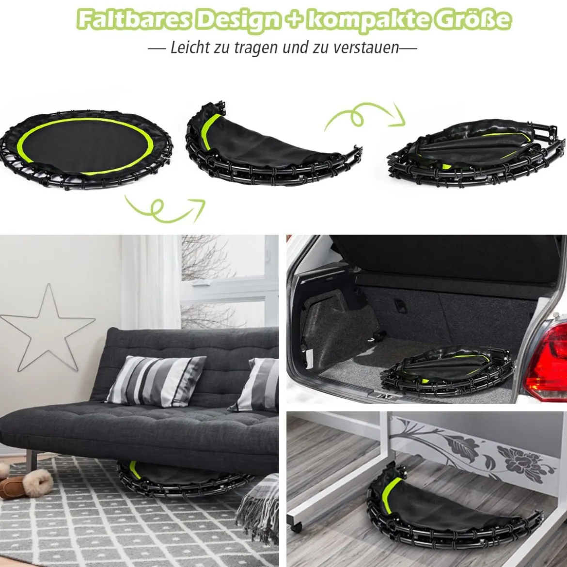 Ø102 cm Faltbares Fitness Trampolin Minitrampolin 109 - 129 cm Höhenverstellbar Schwarz + Grün