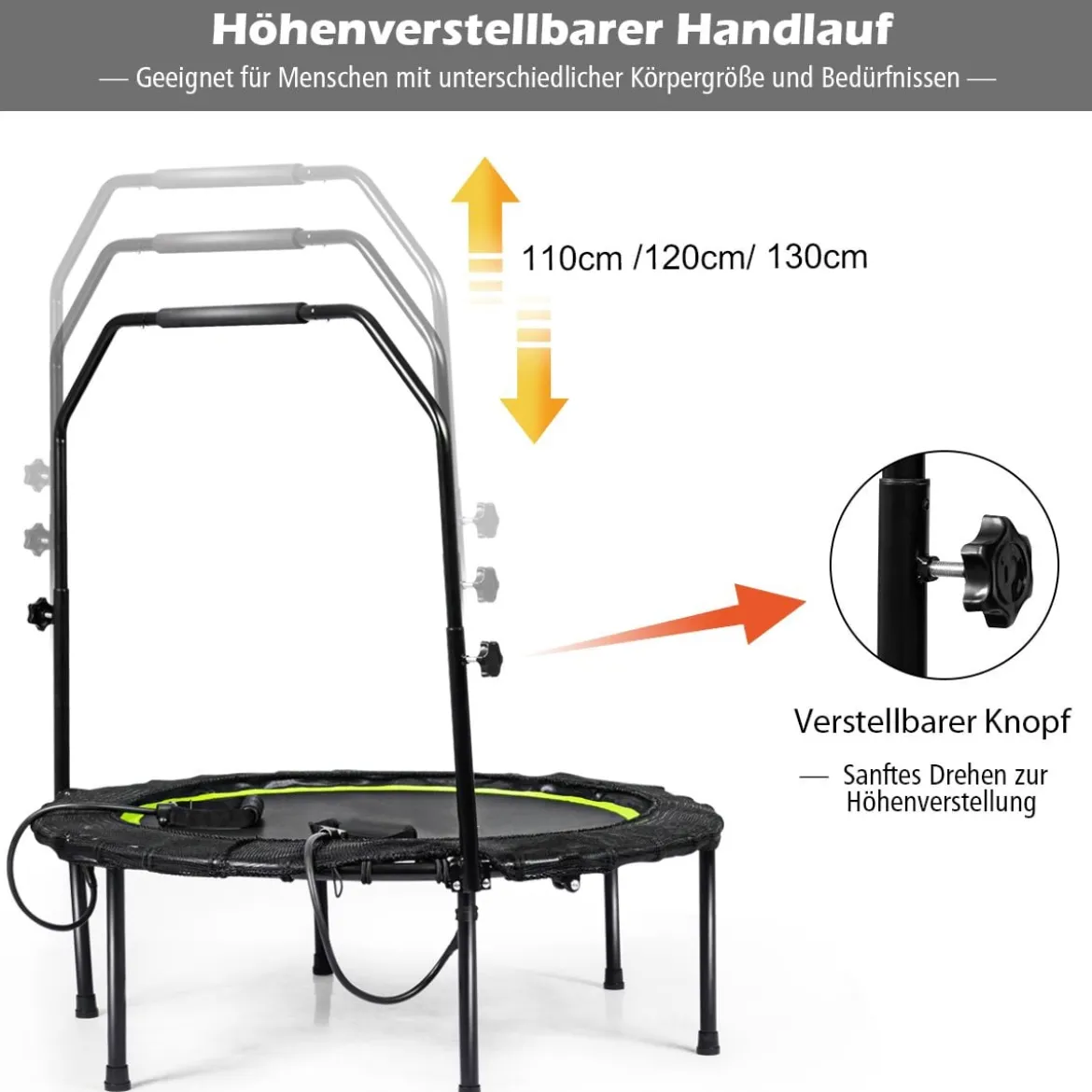 Ø102 cm Faltbares Fitness Trampolin Minitrampolin 109 - 129 cm Höhenverstellbar Schwarz + Grün