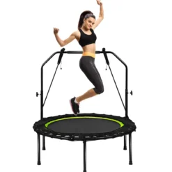 Ø102 cm Faltbares Fitness Trampolin Minitrampolin 109 - 129 cm Höhenverstellbar Schwarz + Grün