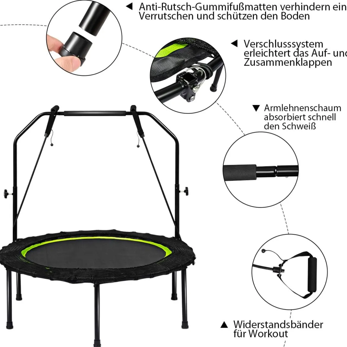 Ø102 cm Faltbares Fitness Trampolin Minitrampolin 109 - 129 cm Höhenverstellbar Schwarz + Grün
