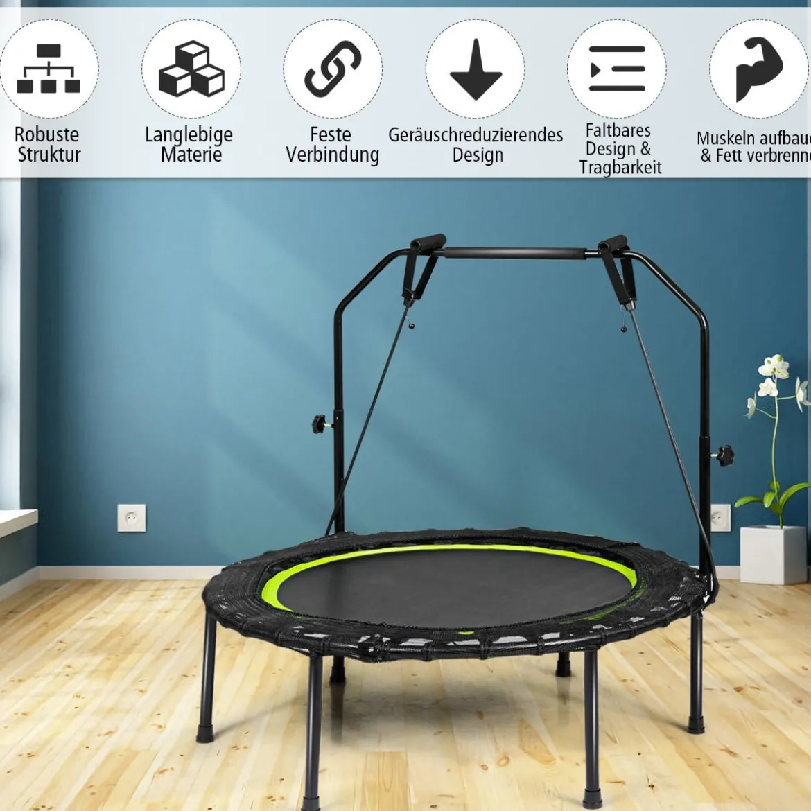 Ø102 cm Faltbares Fitness Trampolin Minitrampolin 109 - 129 cm Höhenverstellbar Schwarz + Grün