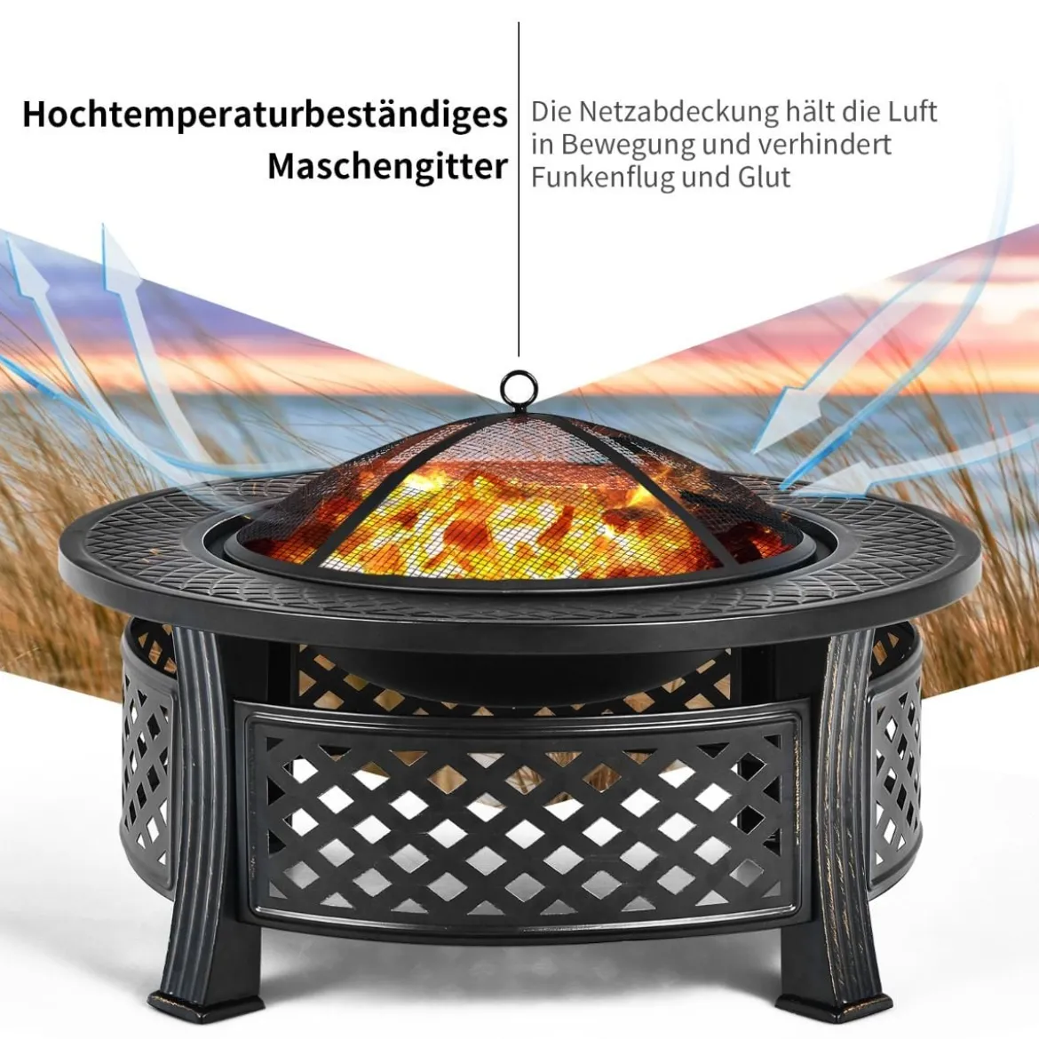 φ 81 cm Feuerschale mit Grillrost & Funkenschutz & Schürhaken Feuerstelle Feuerkorb Schwarz
