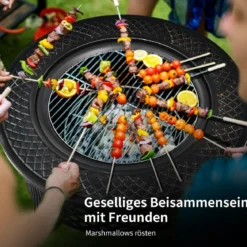 φ 81 cm Feuerschale mit Grillrost & Funkenschutz & Schürhaken Feuerstelle Feuerkorb Schwarz