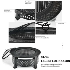 φ 81 cm Feuerschale mit Grillrost & Funkenschutz & Schürhaken Feuerstelle Feuerkorb Schwarz