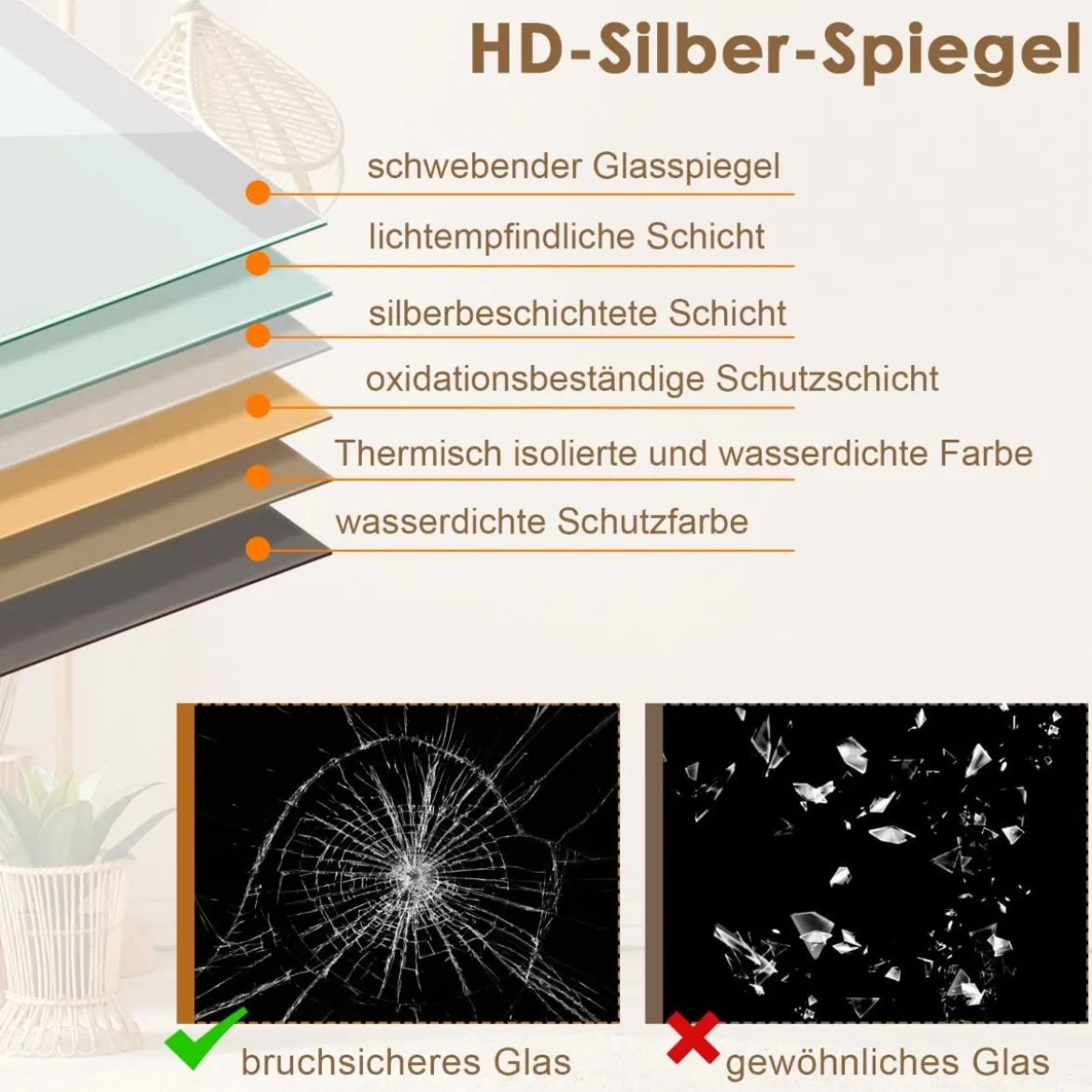 155 cm Ganzkörperspiegel mit Goldenem Alurahmen & Explosionssicherer Folie Standspiegel