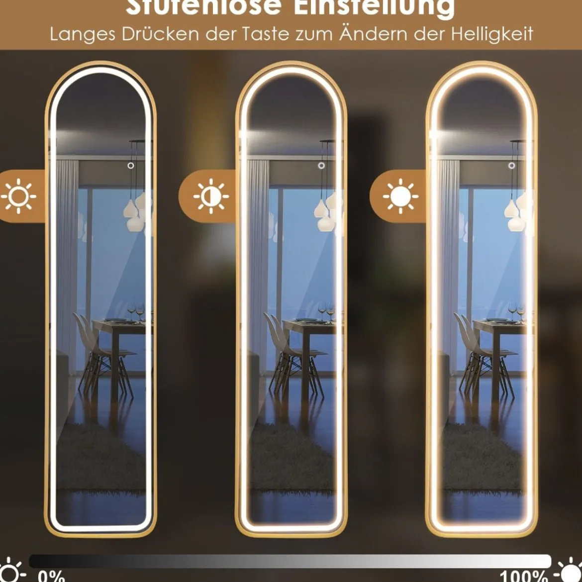 155 cm Ganzkörperspiegel mit Goldenem Alurahmen & Explosionssicherer Folie Standspiegel