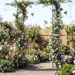 213 cm Gartenlauben-Futterstation robuster Gartenbogen mit Wasserschale Gittertablett Fettfutterspender Grün
