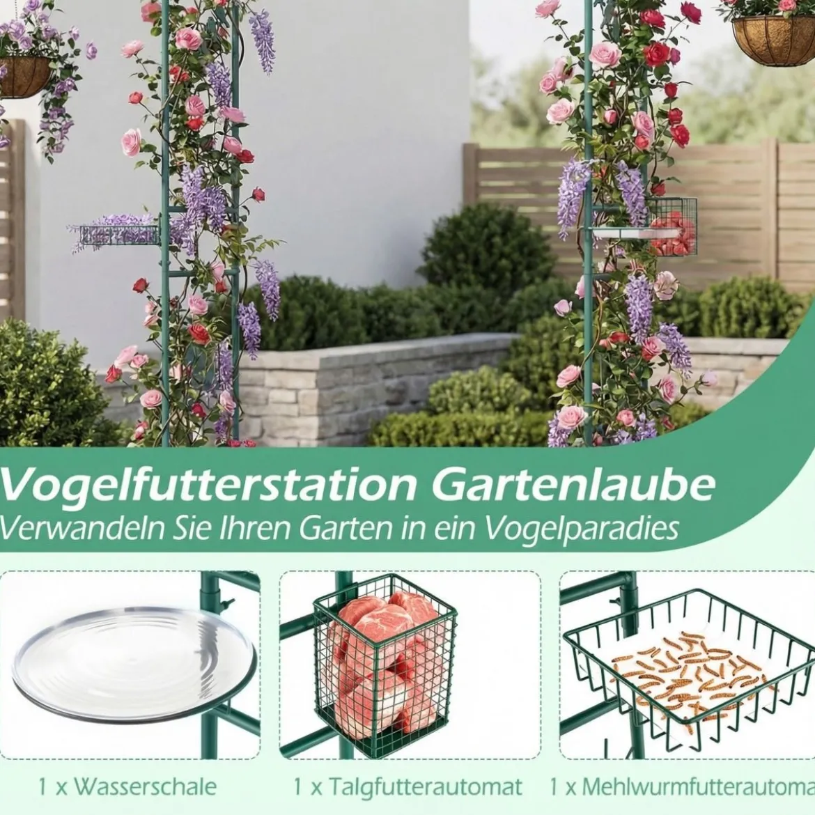 213 cm Gartenlauben-Futterstation robuster Gartenbogen mit Wasserschale Gittertablett Fettfutterspender Grün