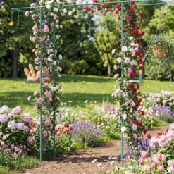 213 cm Gartenlauben-Futterstation robuster Gartenbogen mit Wasserschale Gittertablett Fettfutterspender Grün
