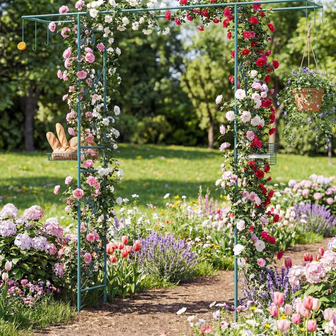 213 cm Gartenlauben-Futterstation robuster Gartenbogen mit Wasserschale Gittertablett Fettfutterspender Grün