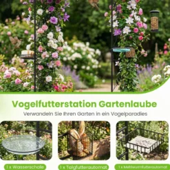 213 cm Gartenlauben-Futterstation robuster Gartenbogen mit Wasserschale Gittertablett Fettfutterspender Schwarz