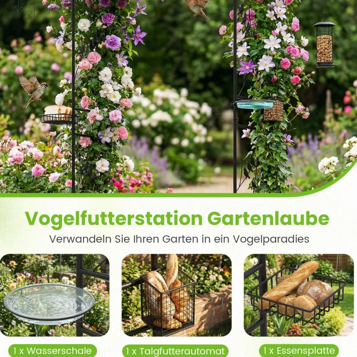 213 cm Gartenlauben-Futterstation robuster Gartenbogen mit Wasserschale Gittertablett Fettfutterspender Schwarz