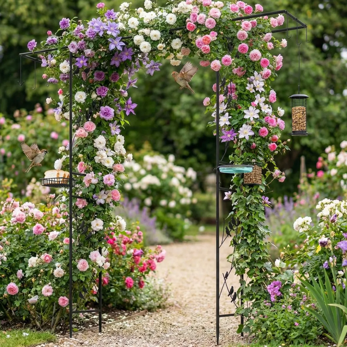 213 cm Gartenlauben-Futterstation robuster Gartenbogen mit Wasserschale Gittertablett Fettfutterspender Schwarz
