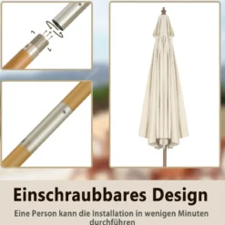 270 cm Gartenschirm aus Holz Beidseitig um 30° Knickbar Beige