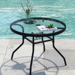 Ø 70 cm Gartentisch mit Schirmloch & Glasplatte Outdoor Beistelltisch Runder Kaffeetisch Balkontisch