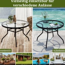 Ø 70 cm Gartentisch mit Schirmloch & Glasplatte Outdoor Beistelltisch Runder Kaffeetisch Balkontisch