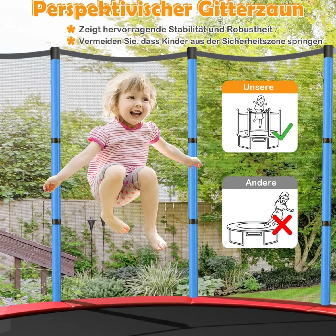 Ø165cm Gartentrampolin mit Sicherheitsnetz Trampolin bis 135KG Belastbar für Kinder ab 3 Jahre