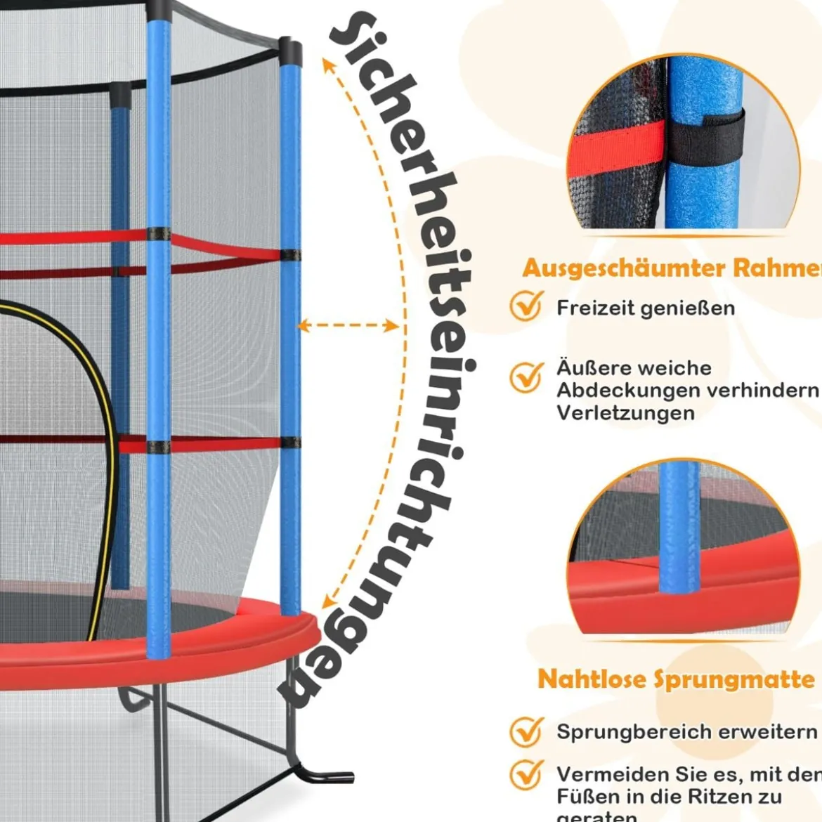 Ø165cm Gartentrampolin mit Sicherheitsnetz Trampolin bis 135KG Belastbar für Kinder ab 3 Jahre