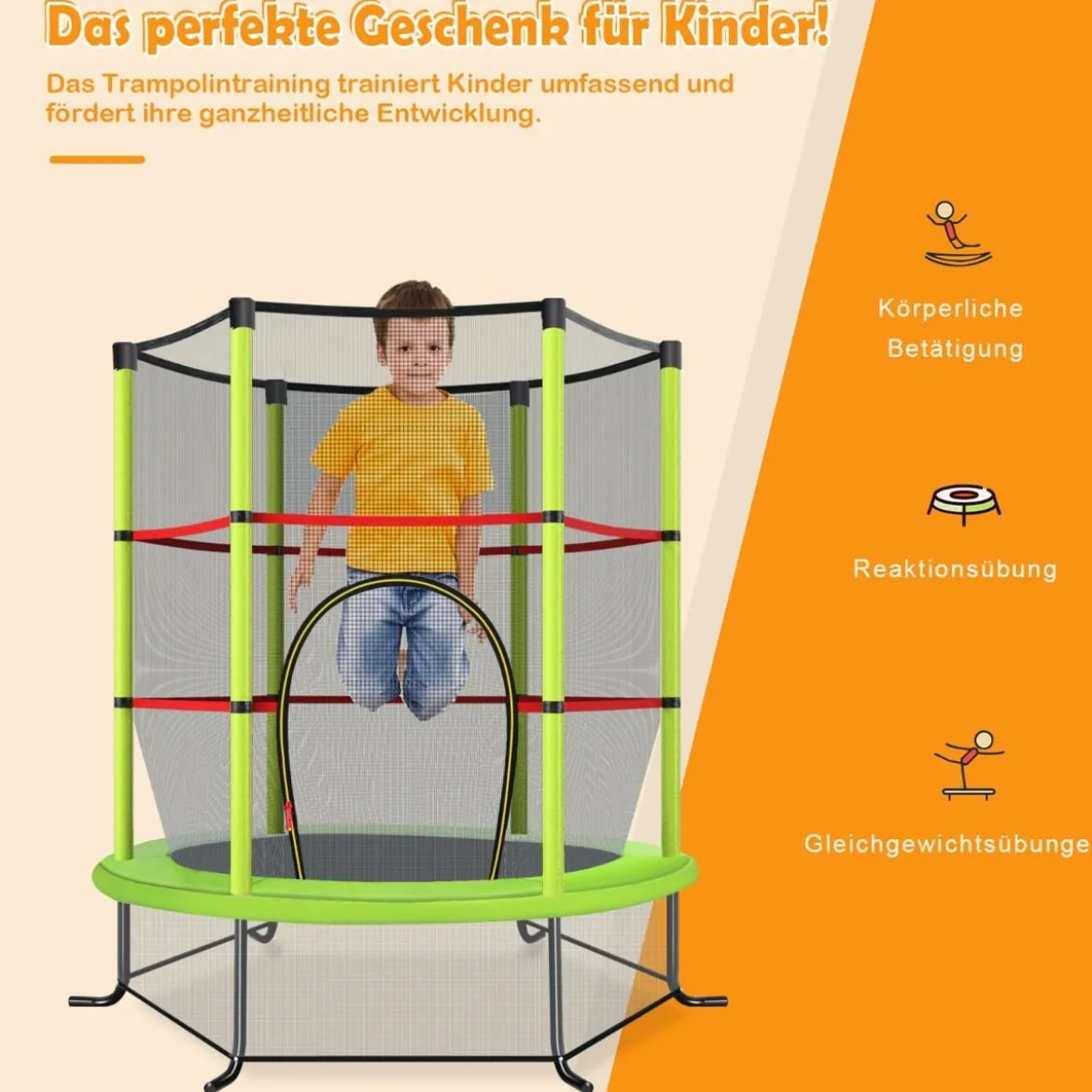 Ø165cm Gartentrampolin mit Sicherheitsnetz Trampolin bis 135KG Belastbar für Kinder ab 3 Jahre