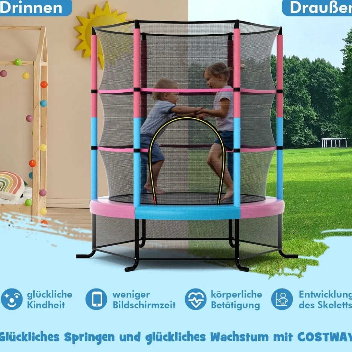 Ø165cm Gartentrampolin mit Sicherheitsnetz Trampolin bis 135KG Belastbar für Kinder ab 3 Jahre