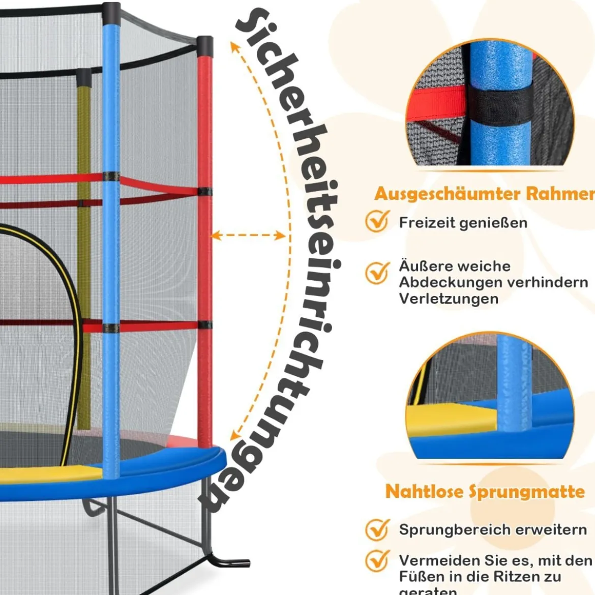 Ø165cm Gartentrampolin mit Sicherheitsnetz Trampolin bis 135KG Belastbar für Kinder ab 3 Jahre