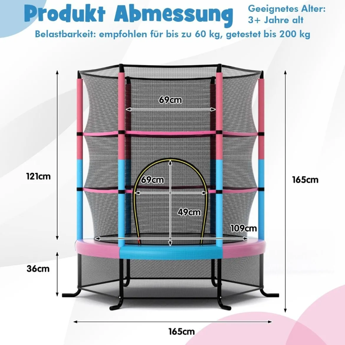 Ø165cm Gartentrampolin mit Sicherheitsnetz Trampolin bis 135KG Belastbar für Kinder ab 3 Jahre