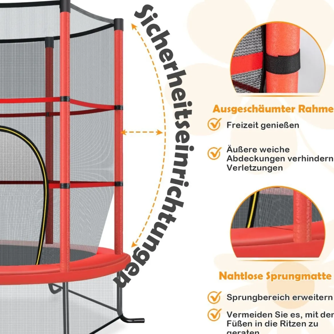 Ø165cm Gartentrampolin mit Sicherheitsnetz Trampolin bis 135KG Belastbar für Kinder ab 3 Jahre