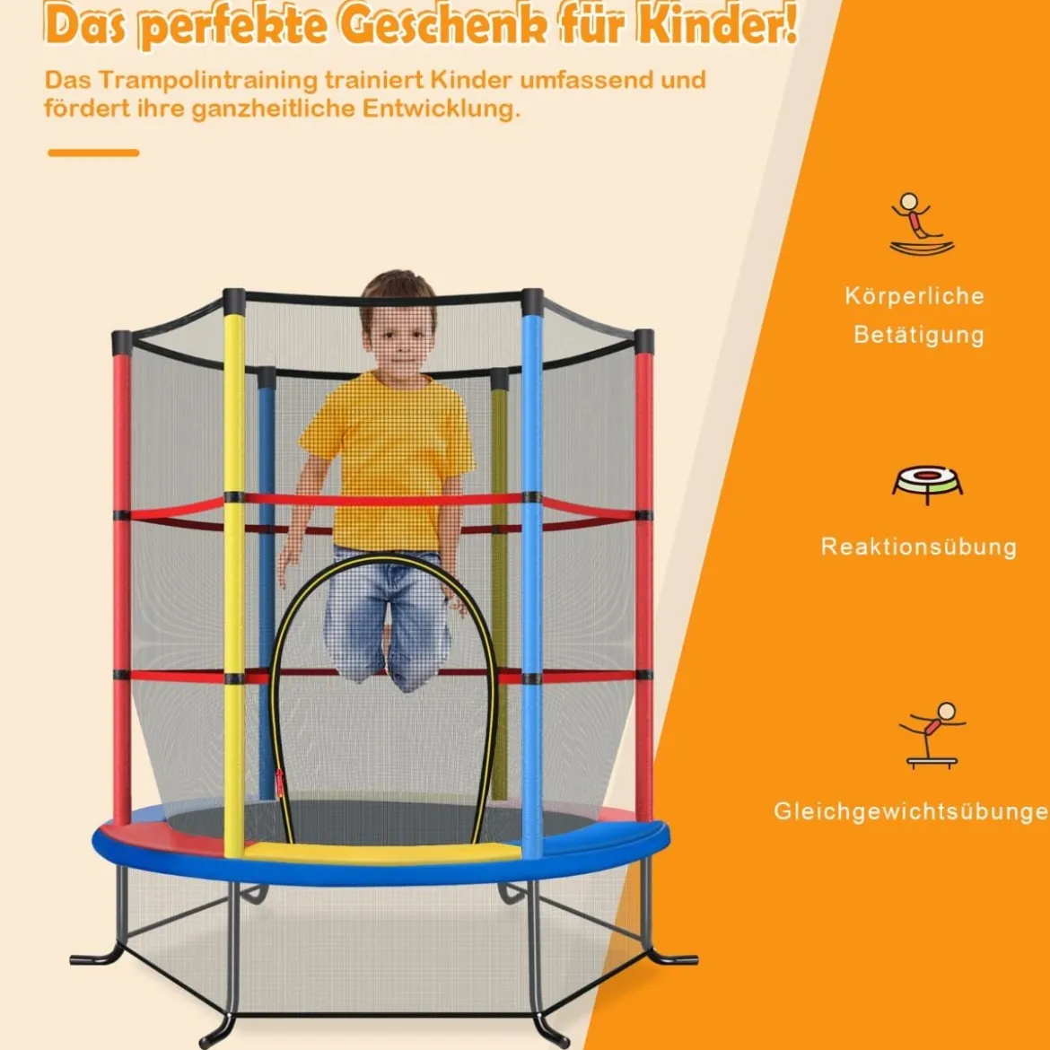 Ø165cm Gartentrampolin mit Sicherheitsnetz Trampolin bis 135KG Belastbar für Kinder ab 3 Jahre