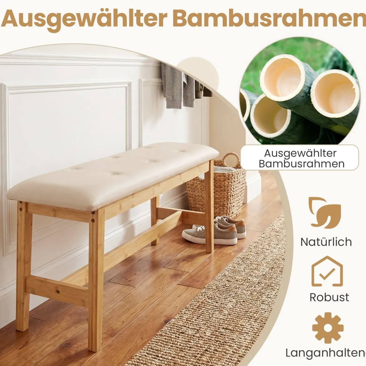 100 Cm Gepolsterte Bambus Bank Kunstleder Schuhbank Bettbank Für Schlafzimmer Esszimmer Flur Beige