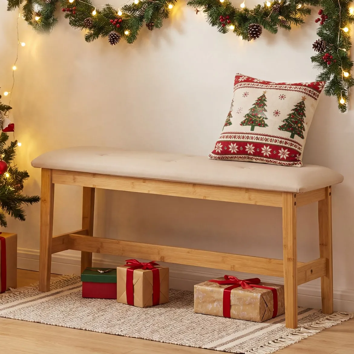 100 Cm Gepolsterte Bambus Bank Kunstleder Schuhbank Bettbank Für Schlafzimmer Esszimmer Flur Beige