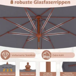 300 cm gezackter Sonnenschirm Marktschirm mit Neigemechanismus Gartenschirm mit Holzstab Graun/Braun/Beige