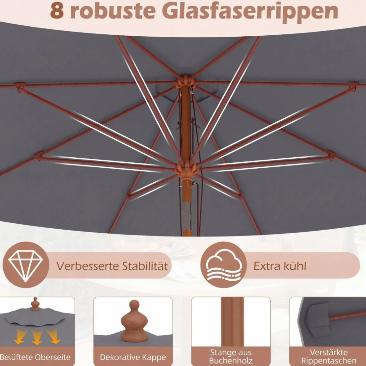 300 cm gezackter Sonnenschirm Marktschirm mit Neigemechanismus Gartenschirm mit Holzstab Graun/Braun/Beige