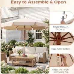 300 cm gezackter Sonnenschirm Marktschirm mit Neigemechanismus Gartenschirm mit Holzstab Graun/Braun/Beige