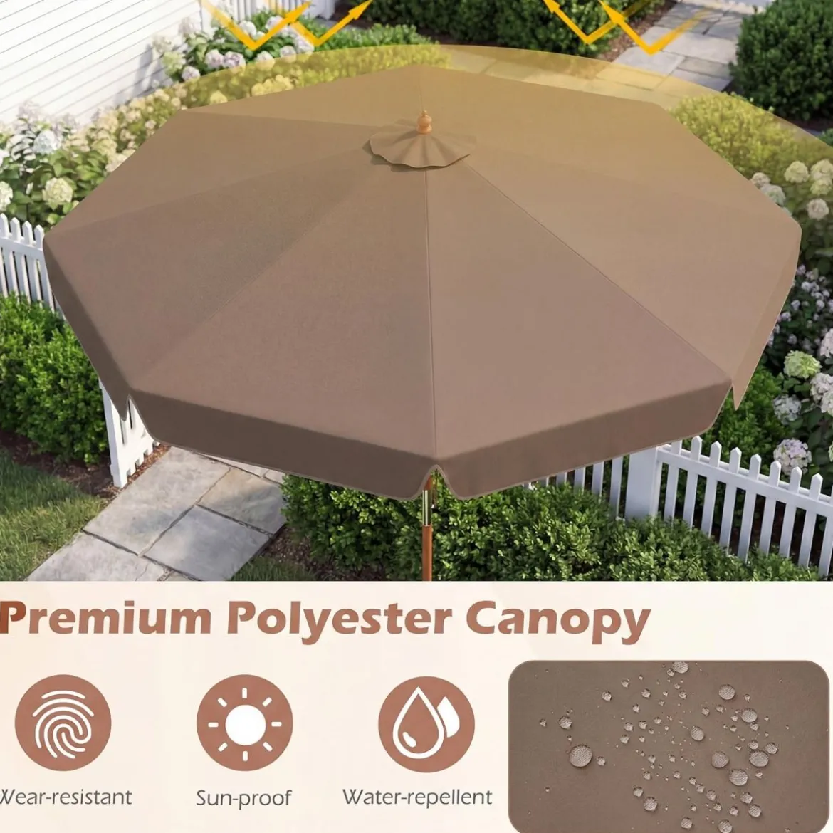 300 cm gezackter Sonnenschirm Marktschirm mit Neigemechanismus Gartenschirm mit Holzstab Graun/Braun/Beige