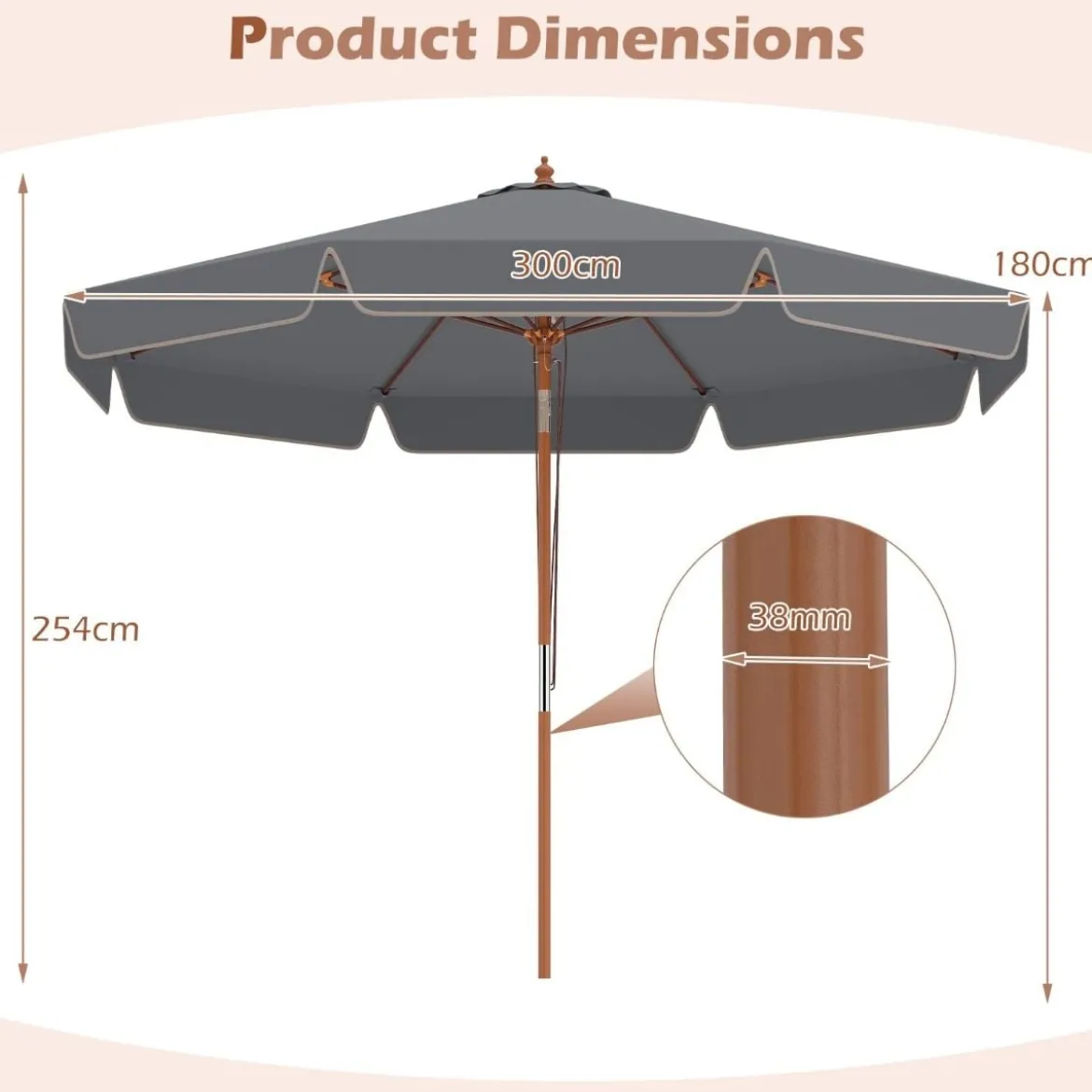 300 cm gezackter Sonnenschirm Marktschirm mit Neigemechanismus Gartenschirm mit Holzstab Graun/Braun/Beige