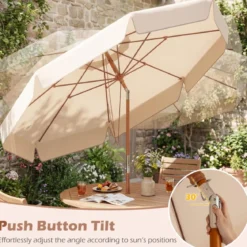 300 cm gezackter Sonnenschirm Marktschirm mit Neigemechanismus Gartenschirm mit Holzstab Graun/Braun/Beige