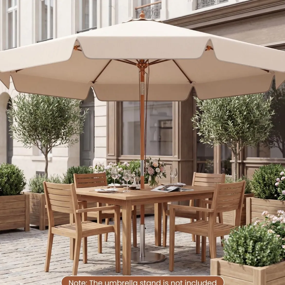 300 cm gezackter Sonnenschirm Marktschirm mit Neigemechanismus Gartenschirm mit Holzstab Graun/Braun/Beige