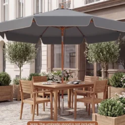 300 cm gezackter Sonnenschirm Marktschirm mit Neigemechanismus Gartenschirm mit Holzstab Graun/Braun/Beige